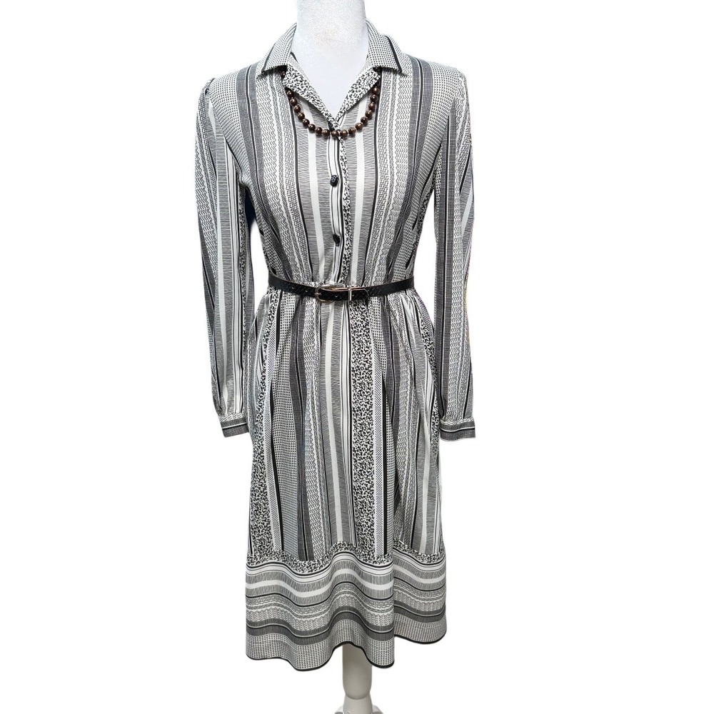 VTG Blair Geometric Stripe Midi Shirt Dress Medium Belted Minimalist 90s Career